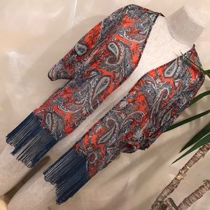 Sheer paisley print kimono with fringe.